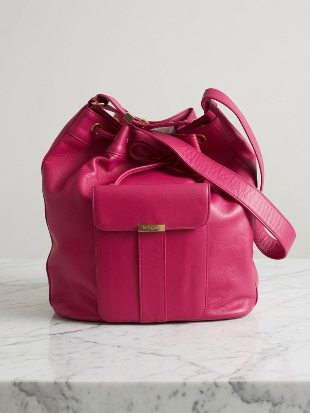 Vintage Yves Saint Laurent Fuchsia Leather Drawstring Shoulder Bucket Bag 80-90s